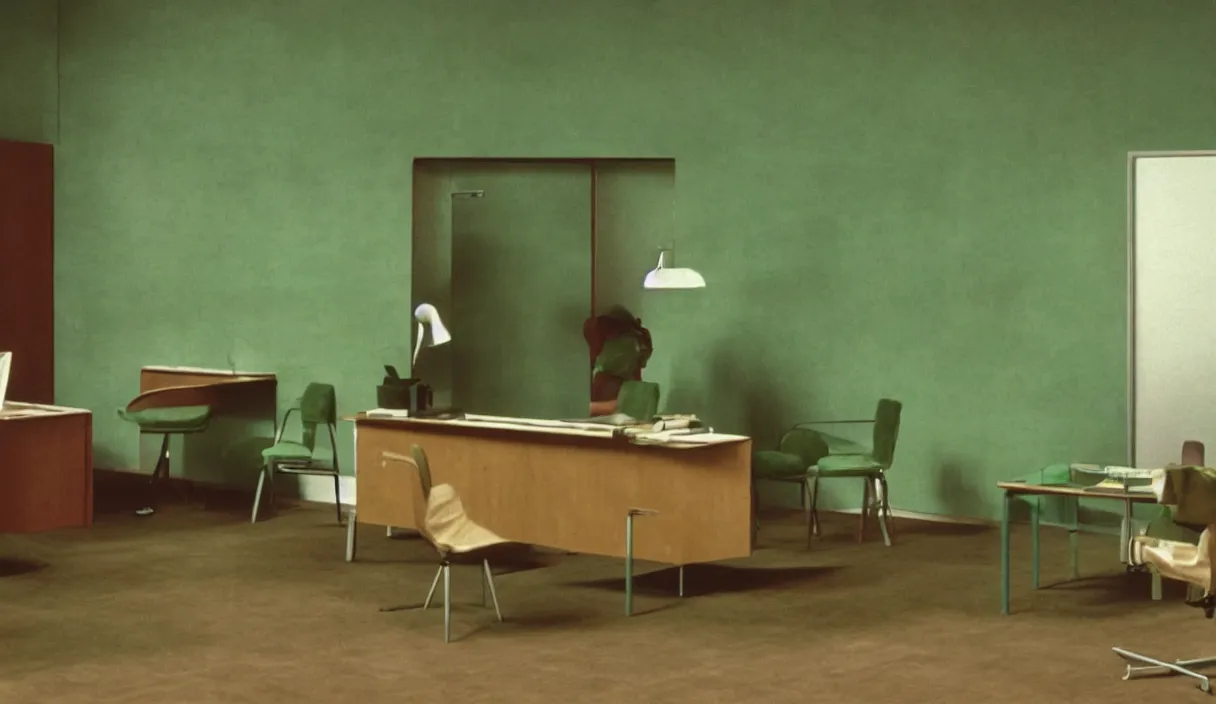 Image similar to a still of severance series indoor 7 0 s green velvet and wood with metal furniture office scenario appearing in a film of jacques tati