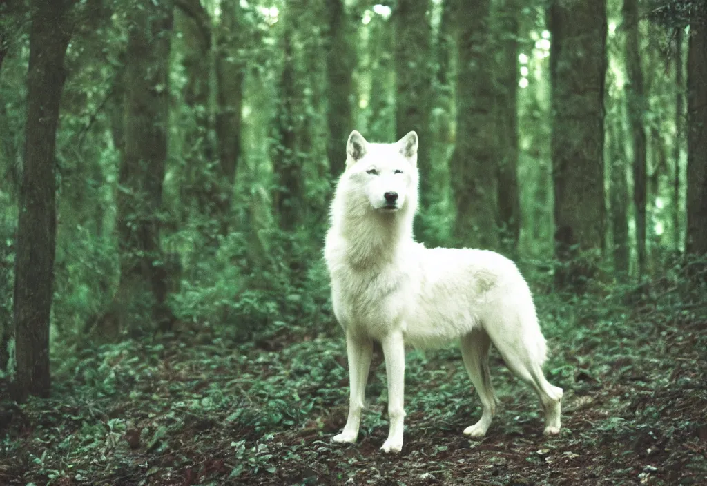 Image similar to lomo photo of a white wolf in a dense forest, cinestill, bokeh, out of focus