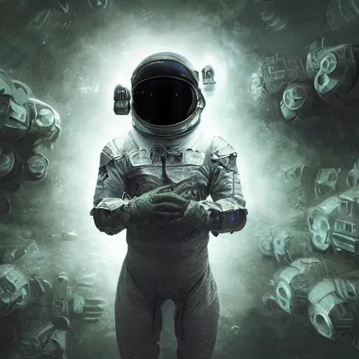 Prompt: concept art by craig mullins infrared complex and hyperdetailed technical astronaut suit in futuristic dark and empty spaceship underwater. mandelbulb fractal. reflection and dispersion materials. rays and dispersion of light. volumetric light. 5 0 mm, f / 3 2. noise film photo. flash photography. unreal engine 4, octane render. interstellar movie art