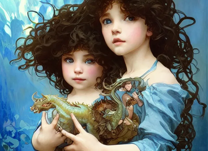 Image similar to a cute little girl with curly brown hair and blue eyes holding a blue baby dragon, beautiful fantasy art by artgerm and greg rutkowski and alphonse mucha.