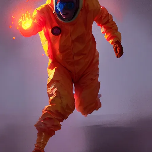 Image similar to commission of a man in an orange hazmat suit running from a mutant in a laboratory ,character design by charles bowater,greg rutkowski,ross tran,hyperdetailed,hyperrealistic,4k,deviantart,artstation,professional photography,concept art