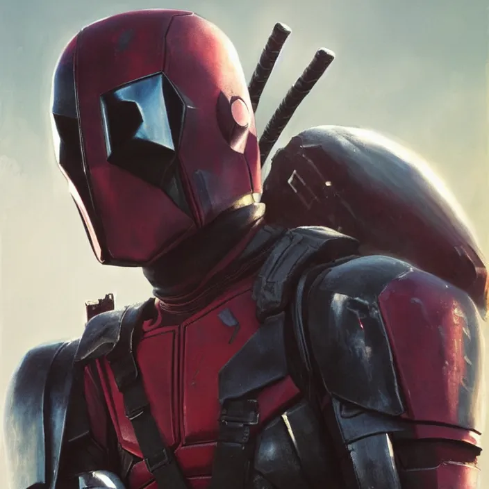 Image similar to deadpool version of a mandalorian helmet, futuristic, late afternoon light, by greg rutkowski and ruan jia