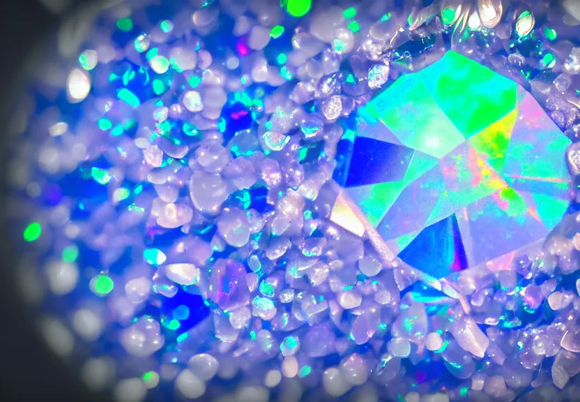 Image similar to iridescent gemstone texture with high refraction, shining, opal, diamond, sapphire, topaz, nature, photo, motion blur, macro lens, lens flare