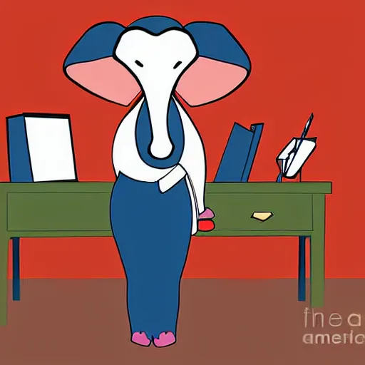 Image similar to an elephant as a secretary in 50's office, digital art