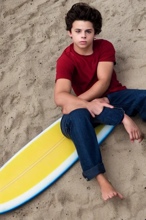 Prompt: young jake t. austin sitting on a surfboard, red weapon 8 k s 3 5, cooke anamorphic / i lenses, highly detailed, cinematic lighting