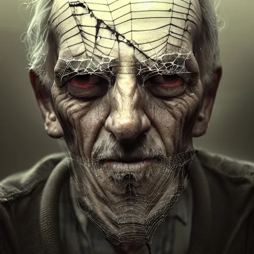 Image similar to an old man with thick thick thick cobwebs cobwebs cobwebs covering his entire face, cobwebs, spooky, atmosphere, detailed, realistic, unreal engine, cgsociety, by wlop and artgerm