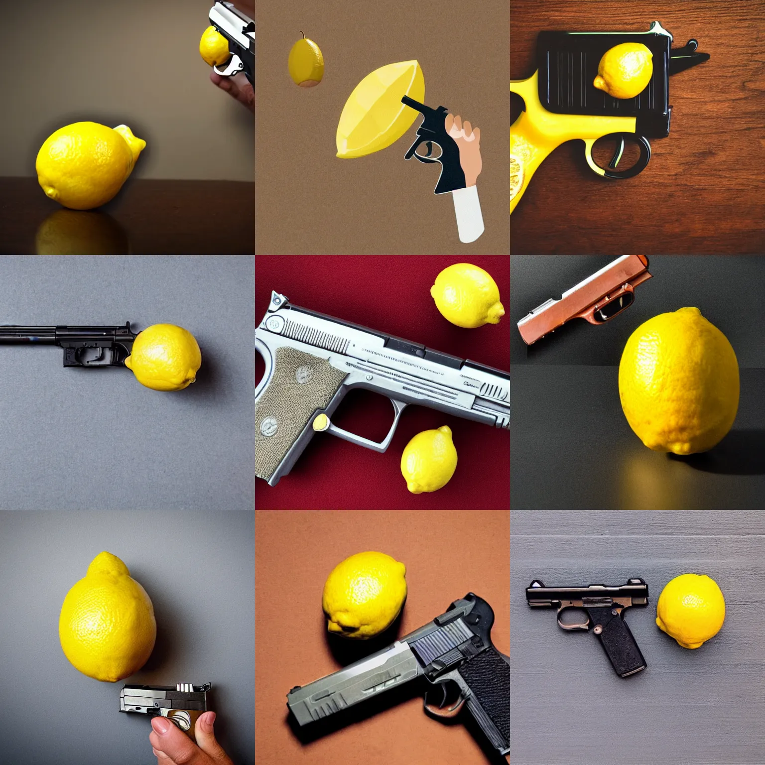 Prompt: a lemon at gunpoint to a pistol