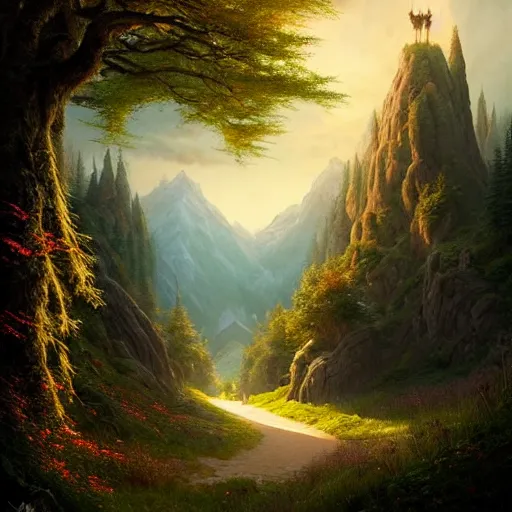 Prompt: beautiful matte painting of archway fantasy path into the mountainous sloping meadow and slightly forested background, atmospheric lighting, painted, intricate, volumetric lighting, beautiful, rich deep colors masterpiece, sharp focus, ultra detailed by leesha hannigan, ross tran, thierry doizon, kai carpenter, ignacio fernandez rios