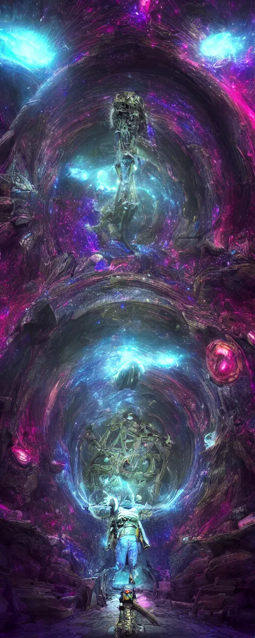 Prompt: tunnel portal made of stars space, gigantic biomechanical astral monk, cosmic eye, nebulas stars dmt psychedelic cosmos, cosmic, hallucination, night sky cluster milky way constellations, 8 k, artstation, unreal engine, octane render, hdr, surrealistic, glow, photorealistic, volumetric lighting, dreamy, dynamic, mystical