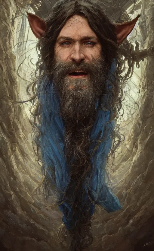 Image similar to portrait of a middle aged elf with a long beard, dressed in a blue cloak with clock iconography, brown hair, raised hand, detailed face, fantasy, highly detailed, cinematic lighting, digital art painting by greg rutkowski