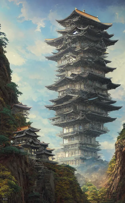 Prompt: japanese rococo architecture city on a cliff, airships, dense foliage scifi movie poster art by kim jung giu and weta studio, and lucasfilm and jesper ejsing and norman rockwell greg rutkowski frank frazzeta