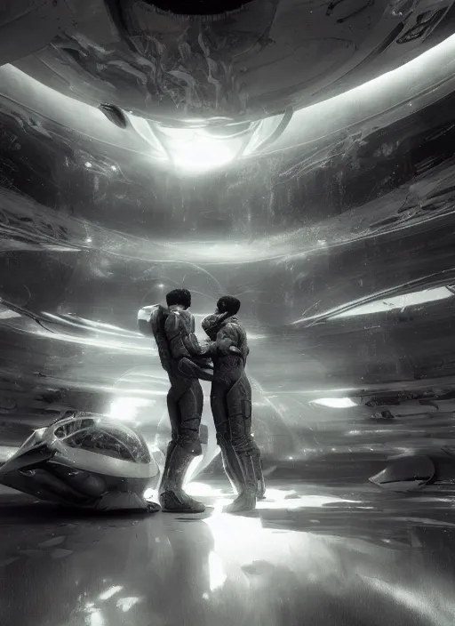 Image similar to concept art by craig mullins infrared complex and hyperdetailed technical astronauts hugging in futuristic dark and empty spaceship underwater. reflection and dispersion materials. rays and dispersion of light. volumetric light. 5 0 mm, f / 3 2. noise film photo. flash photography. unreal engine 4, octane render. interstellar movie art