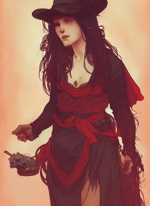 Prompt: vertical portrait of a ruggedly handsome female witch smooth, sharp focus, illustration, art by artgerm and greg rutkowski and alphonse mucha, plain red background