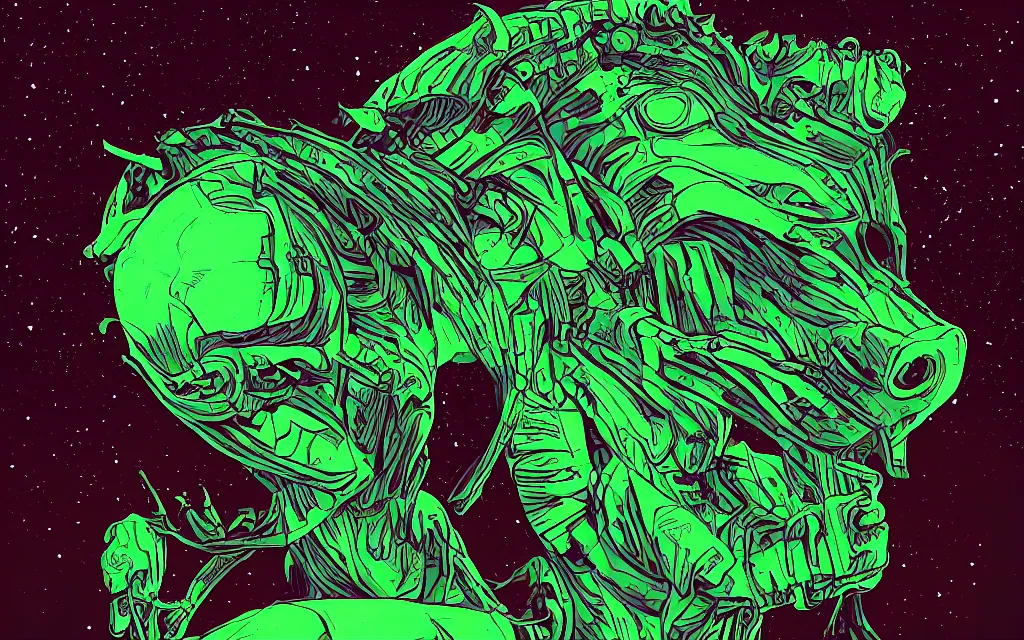 Prompt: very detailed, prophet graphic novel, ilya kuvshinov, mcbess, rutkowski, simon roy, illustration of an abyssal green alien horse, wide shot, colorful, deep shadows, astrophotography, award winning