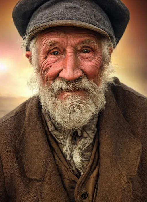 Prompt: realistic renderings portrait of very old fisher man portrait with a hat, port scene background, astonishing scenes, detailed, photorealism, volumetric lighting, autumn lights colors