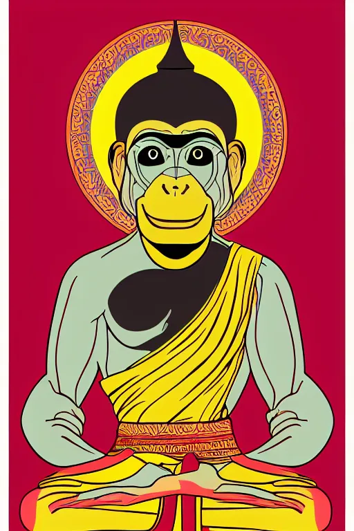 Image similar to a vector based illustration about a monkey Buddhist in the style of pop art, no gradients