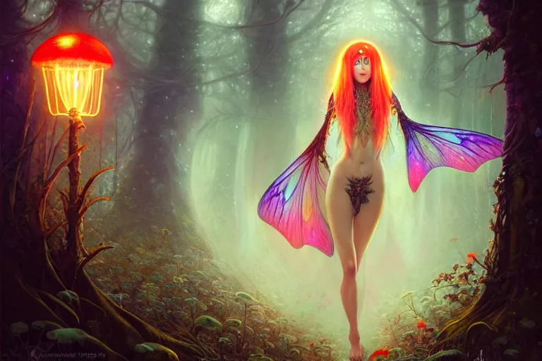 Image similar to stunningly beautiful female faerie priestess in amanita muscaria forest landscape, symmetrical wings on back, symmetrical detailed face, neon hair, fantasy art, dark light night, sharp focus, digital painting, 4 k, concept art, art by wlop, artgerm, greg rutkowski and alphonse mucha