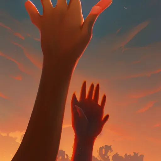 Image similar to a hand reaching out to another hand, behance hd by jesper ejsing, by rhads, makoto shinkai and lois van baarle, ilya kuvshinov, rossdraws global illumination ray tracing hdr radiating a glowing aura