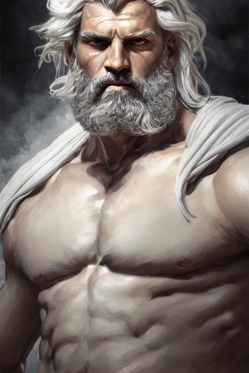 Image similar to painted portrait of rugged zeus, god of thunder, greek god, white hair, masculine, powerful, handsome, upper body, white robe, muscular, hairy torso, fantasy, intricate, elegant, highly detailed, digital painting, artstation, concept art, smooth, sharp focus, illustration, art by gaston bussiere and magali villeneuve