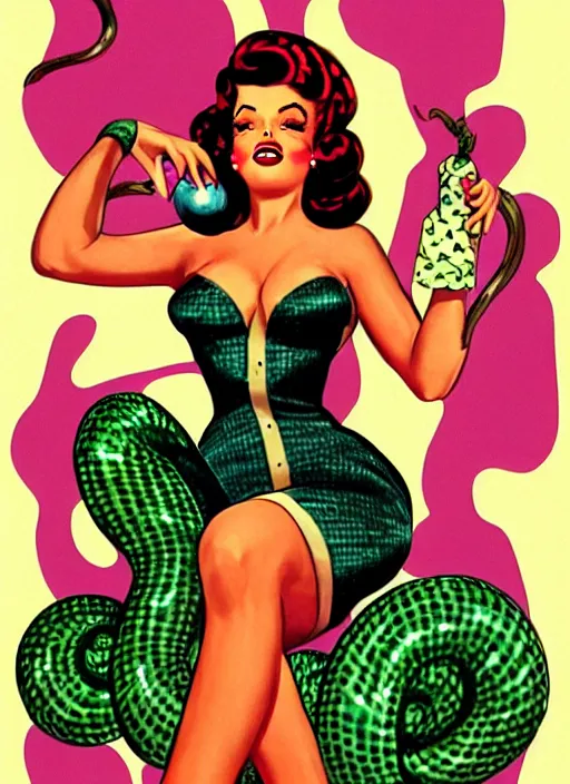 Prompt: Medusa in pin up style and 70ies clothing, trending on artstation