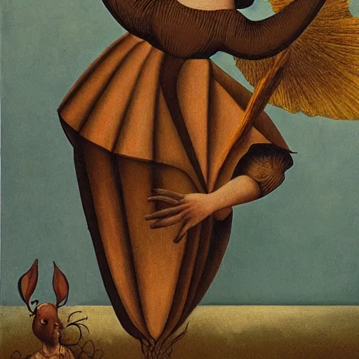 Image similar to detailed surrealistic woman flying midair with rabbit in hands in the style of remedios varo