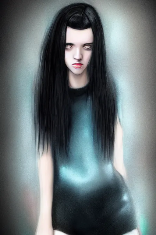 Image similar to portrait of teenage girl with glossy black hair, blue eyes, glowing porcelain skin, fashion model features, dar!dream portrait of teenage girl with glossy black hair, blue eyes, glowing porcelain skin, fashion model features, dark sweater, dark academia, intricate, elegant, black dress, highly detailed, digital painting, artstation, concept art, smooth, sharp focus, illustration, art by Krenz Cushart and Artem Demura and alphonse mucha