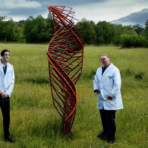 Prompt: in a field, two scientists in lab coats encounter a monster shaped like the DNA double helix