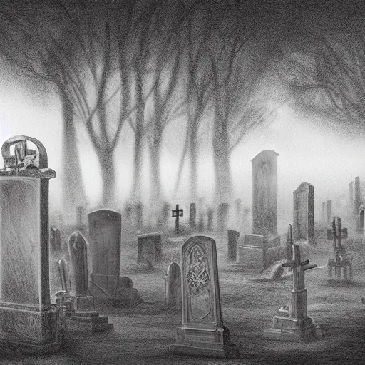 Prompt: an endless eerie graveyard with ancient tombstones, misty, strands of fog, catacomb in background, frame is flanked by dark trees, creepy, night, finely detailed extremely realistic black and white pencil drawing