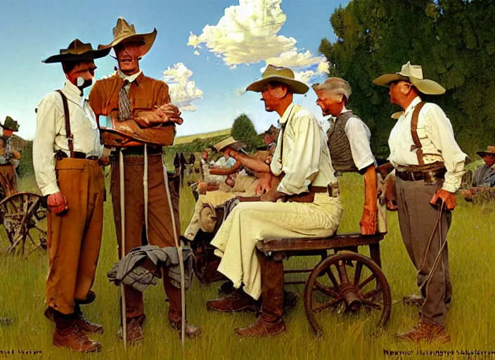 Image similar to mormon pioneers by norman rockwell, highly detailed