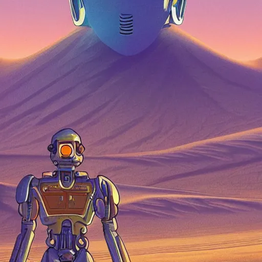 Prompt: robotic a man in desert finding a beautiful crystal, Industrial Scifi, detailed illustration, character portrait, by Martin Grip and Moebius