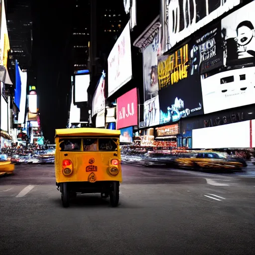 Image similar to a tuk tuk in Times Square at night, luxurious, elegant, highly detailed, award winning photography, moody, dramatic lighting, cinematic, matte painting, concept art, 4k