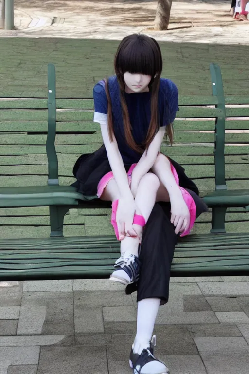 Image similar to anime style girl sitting on a bench