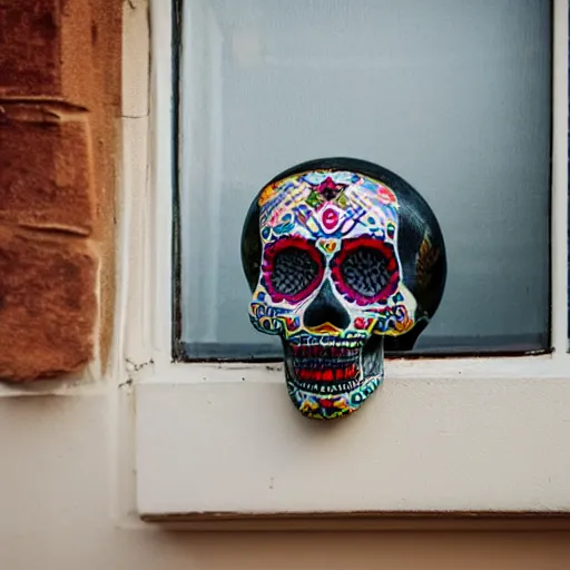 Prompt: photograph of a Dia de Los Muertos style skull on a windowsill, with the sun beaming in. The camera is below the skull, looking up to it