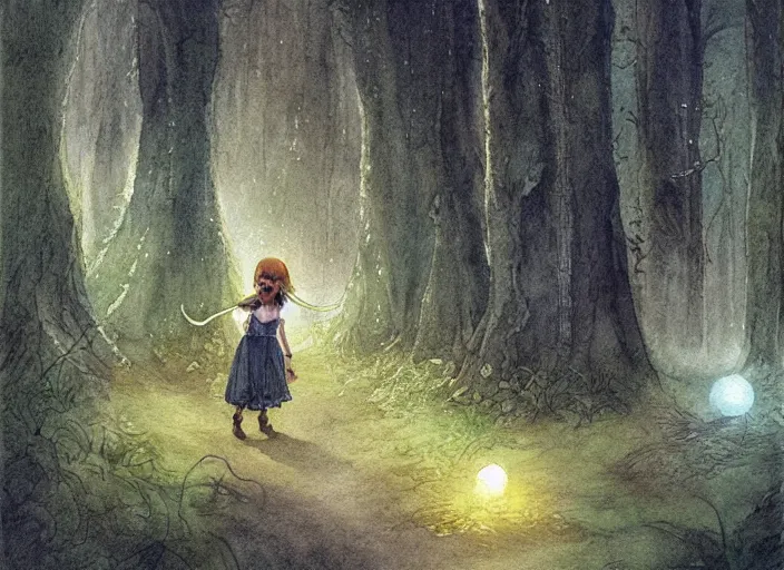 Image similar to young elf girl singing in the forest with fairy lights, light ground fog, river, detailed fantasy watercolor comic style, subtle colors, by alan lee and tony sart