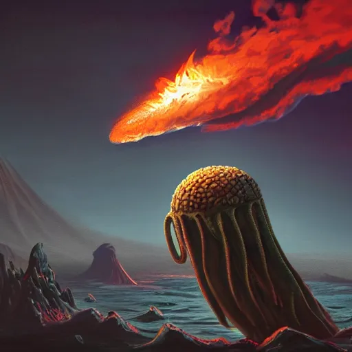 Image similar to Cthulhu in the foreground eating a vanilla ice cream cone. exploding volcano is hit by meteor in the background, by Philipp A. Urlich and H. R. Geiger and H. P. Lovecraft, fantasy, intricate, elegant, highly detailed, digital painting, artstation, blender, unreal engine 5, octane render, smooth, sharp focus, illustration