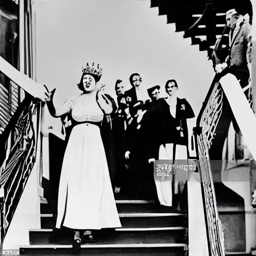 Image similar to a medium full shot, vintage historical fantasy 1 9 3 0 s kodachrome slide german and eastern european mix of a photographic portrait of the queen attending a royal tour. she is shown descending a staircase from a luxurious plane, waving to the crowd below. she is donning a pencil skirt and peplum jacket in a green skirt suit.