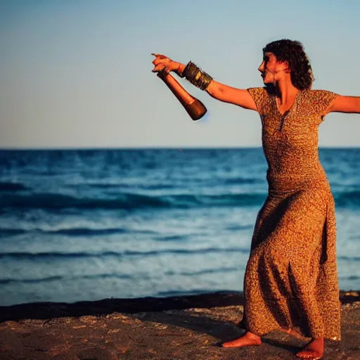 Image similar to 3 5 year old mediterranean skinned woman in ancient canaanite clothing dancing with a tambourine by the ocean, sunset, other women dancing behind,