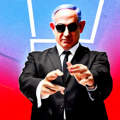 Prompt: benjamin netanyahu as morpheus wearing black leather suit and sunglasses, blue red pills in hands, black background, dramatic lighting, the matrix, cinematic