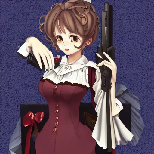 Image similar to a picture of beatrice from the visual novel umineko holding a gun, trending, aesthetic, illustration, award wining details