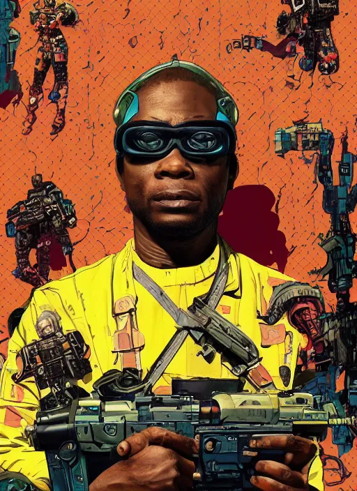 Prompt: chidi igwe. cyberpunk hacker in tactical jumpsuit. portrait illustration, pop art, splash painting, art by geof darrow, ashley wood, alphonse mucha, makoto shinkai ( apex legends )