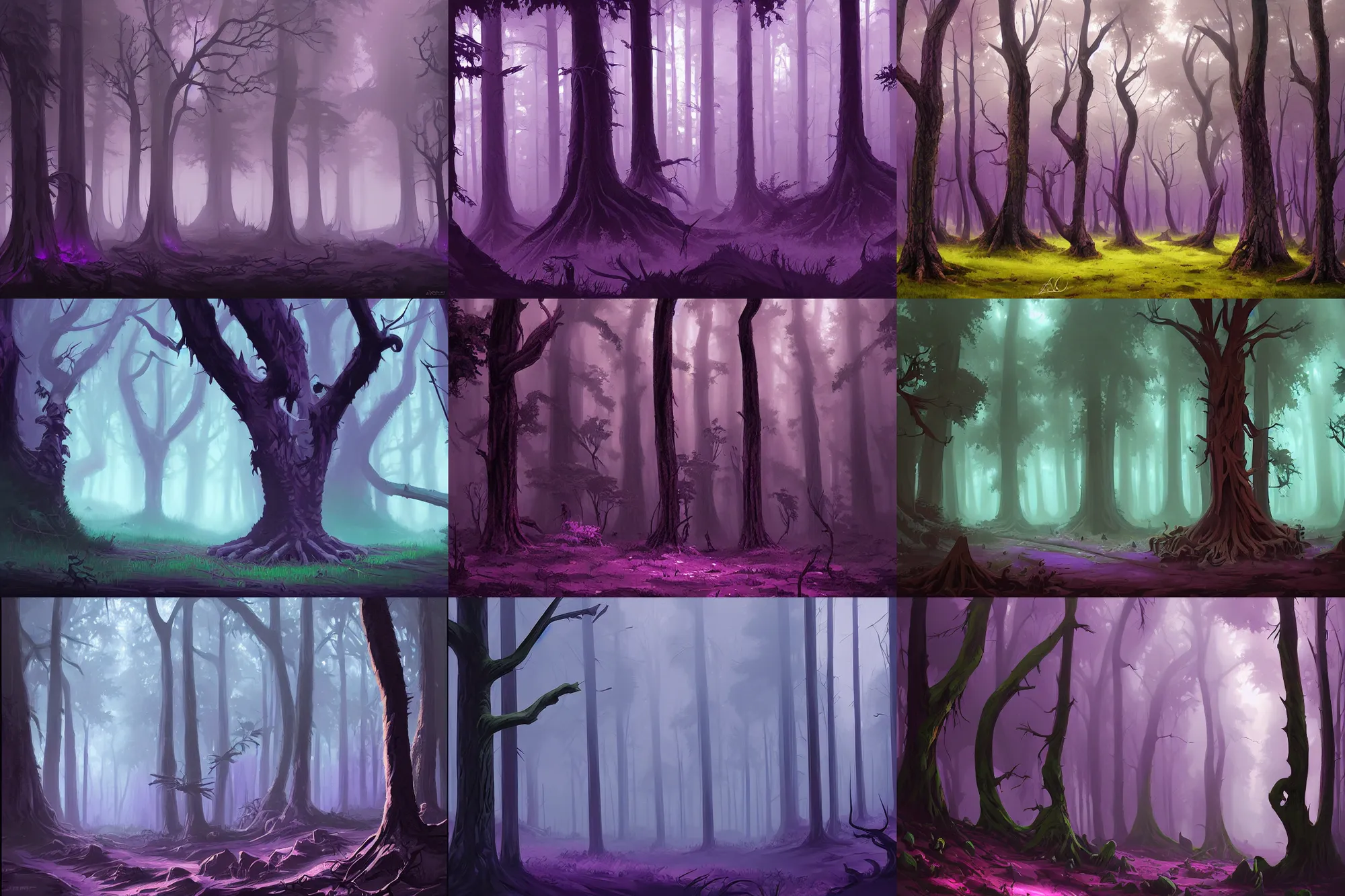 Prompt: dark forest with huge dead jungel trees, purple by Andreas Rocha