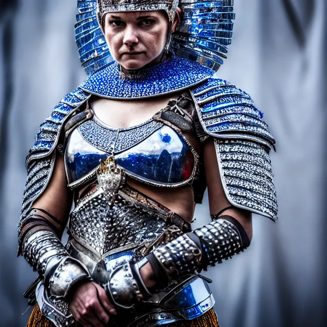 Prompt: photo of a beautiful warrior queen wearing sapphire encrusted armour, highly detailed, 8 k, hdr, smooth, sharp focus, high resolution, award - winning photo