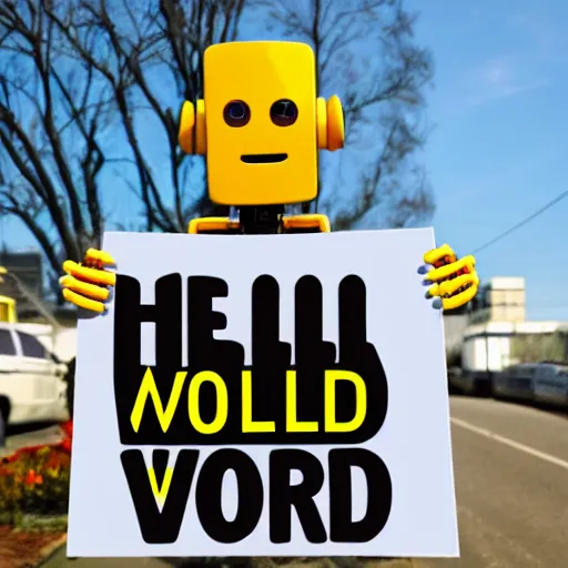 Prompt: a robot holding a sign that reads 'hello world'