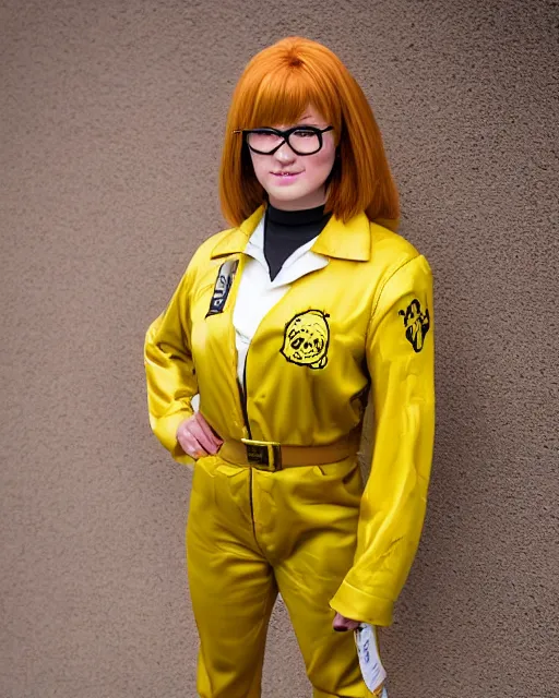 Image similar to Beautiful close highly detailed portrait of an April O'neil from TMNT cosplayer in her iconic signature main 1987 Yellow news reporter jumpsuit outfit. Award-winning photography. XF IQ4, 150MP, 50mm, f/1.4, ISO 200, 1/160s, natural light, rule of thirds, symmetrical balance, depth layering, polarizing filter, Sense of Depth, AI enhanced