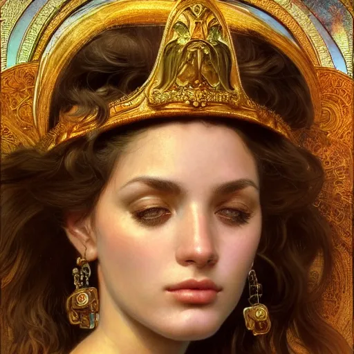 Image similar to closeup portrait of a beautiful alluring female goddess, detailed, centered, digital painting, artstation, concept art, donato giancola, Dante Gabriel Rossetti, alphonse mucha, Joseph Christian Leyendecker, WLOP, Boris Vallejo, Breathtaking, 8k resolution, extremely detailed, beautiful, establishing shot, artistic, hyperrealistic, beautiful face, octane render