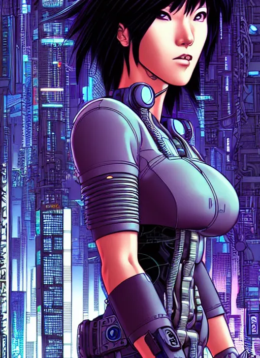 Image similar to motoko kusanagi in grungy cyberpunk megacity, intricate and finely detailed, cyberpunk vaporwave, portrait by j scott campbell, phil jimenez, ilya kuvshinov