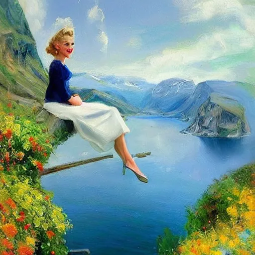 Image similar to 1950s beautiful!!! blonde looking over a Norwegian fjord, painting by !Vladimir Volegov!