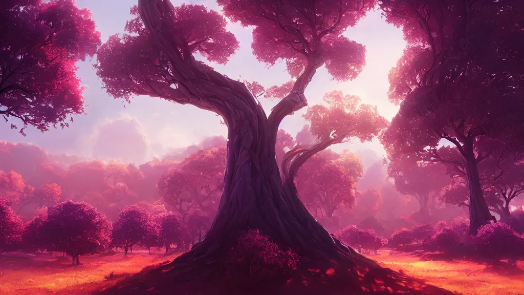 Image similar to giant violet tree overarching red plains, view from the ground, by sylvain sarrailh, rossdraws, ambient light, ultra detailed, fantasy artwork, 8 k, volumetric lighting, trending on artstation, award winning, very beautiful.