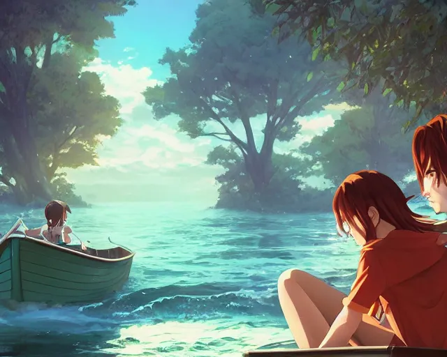 Image similar to a boy and a girl with long flowing auburn hair sitting together in a boat. Atmospheric lighting, long shot, romantic, boy and girl are the focus, trees, blue water. Anime. By Makoto Shinkai, Stanley Artgerm Lau, WLOP, Rossdraws, James Jean, Andrei Riabovitchev, Marc Simonetti, krenz cushart, Sakimichan, D&D trending on ArtStation, digital art.