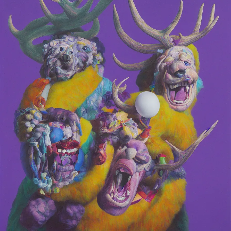 Image similar to rare hyper realistic portrait painting by chuck close, studio lighting, brightly lit purple room, a blue rubber duck with antlers laughing at a giant laughing white bear with a clown mask
